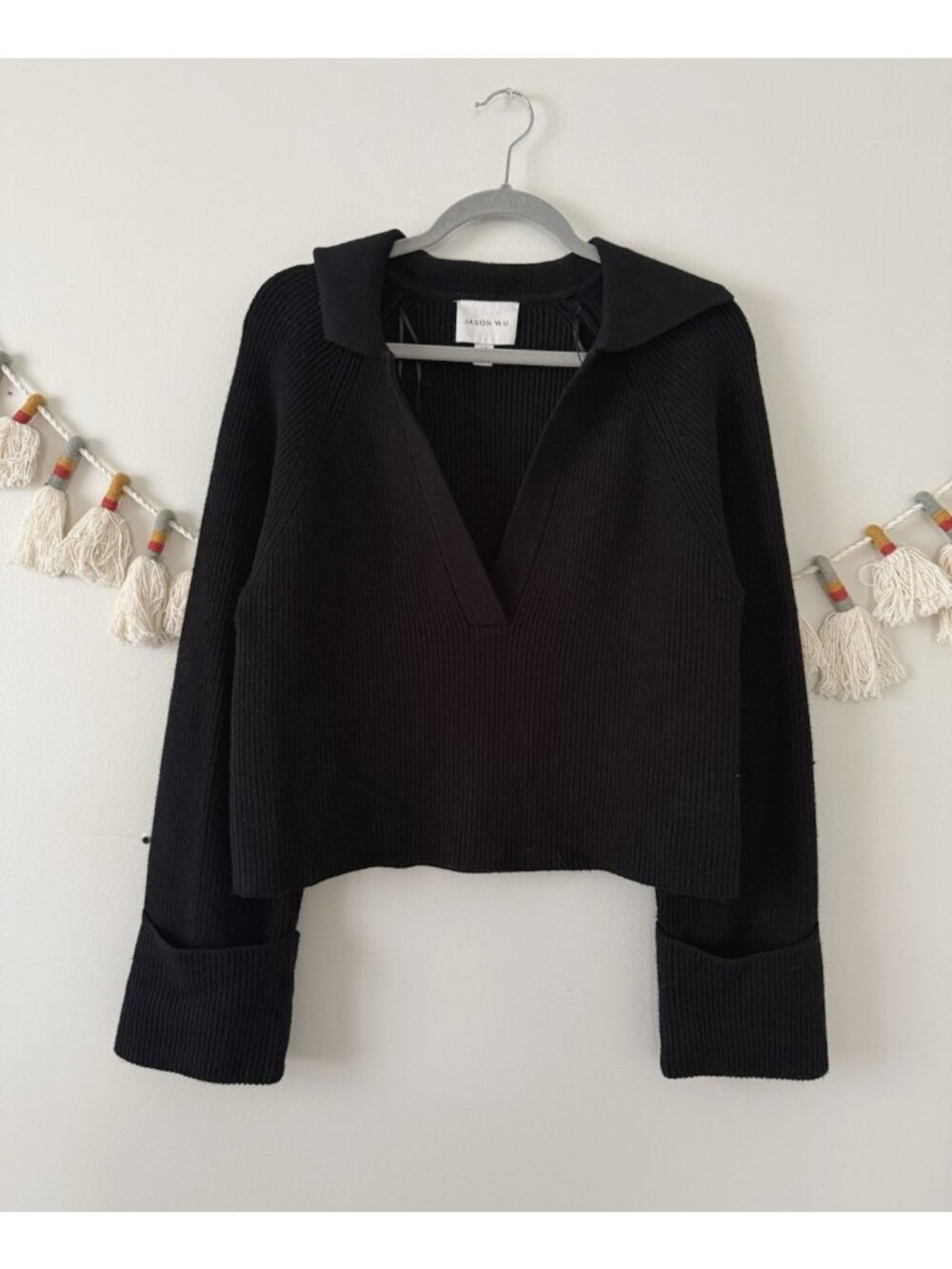 Jason Wu Ribbed Knit Black V-neck Drop Shoulder Sweater Crop Cozy Feminine S/P